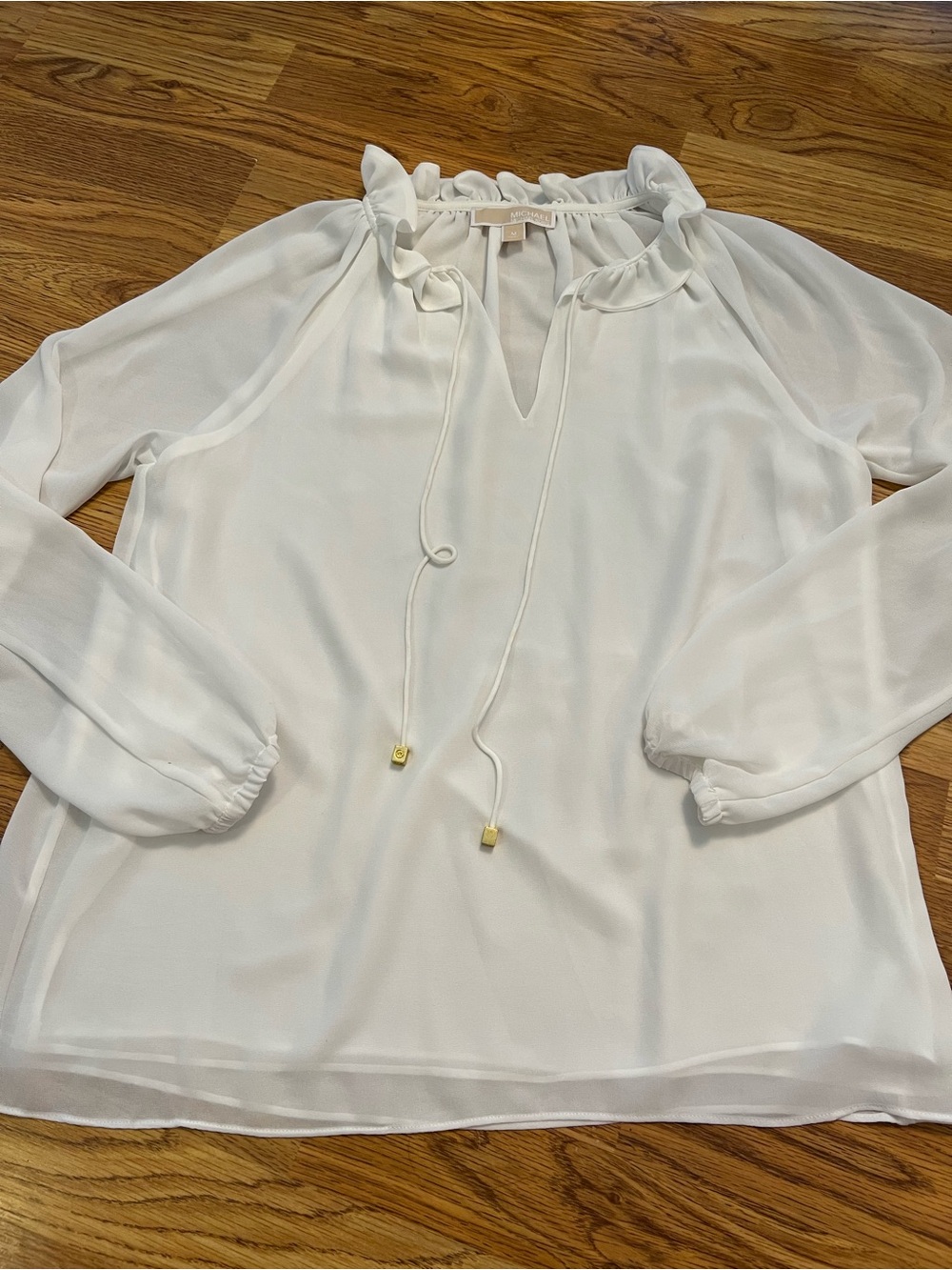 Michael Kors White Long-Sleeve Ruffle Neck Tie-Front Blouse